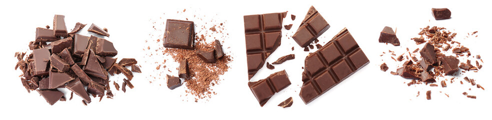 Set with delicious chocolate on white background