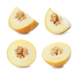 Set with sliced fresh ripe melons on white background