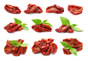 Set with sun dried tomatoes and basil on white background