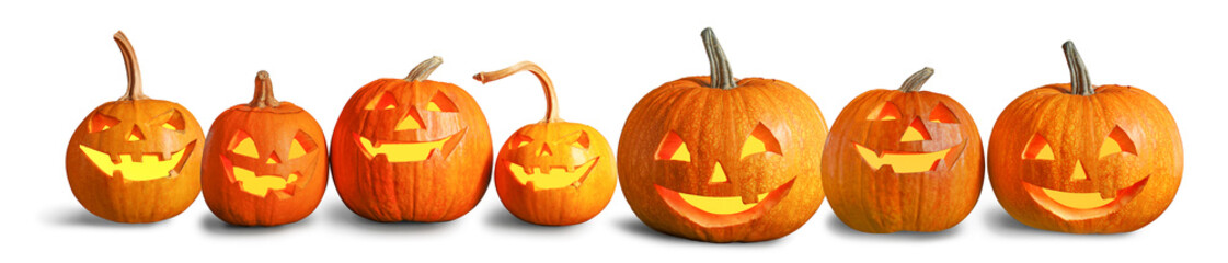 Halloween pumpkin head jack lanterns on white background