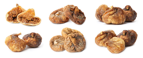 Set with delicious dried fig fruits on white background
