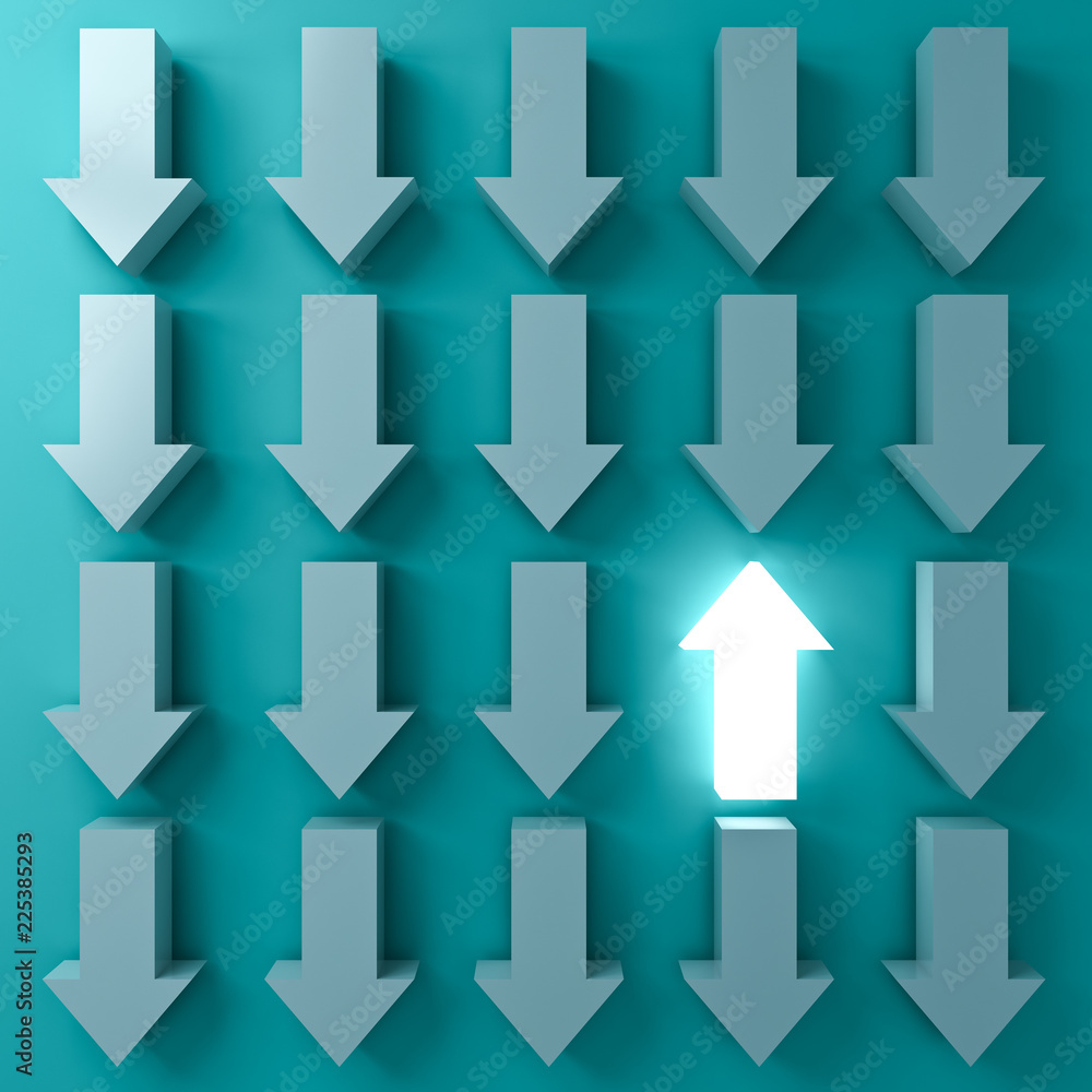 Poster Stand out from the crowd and Think different concepts One light up arrow glowing  among other down arrows on dark green pastel color background with shadows 3D rendering