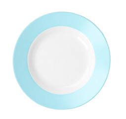 Ceramic plate with space for text on white background, top view. Washing dishes