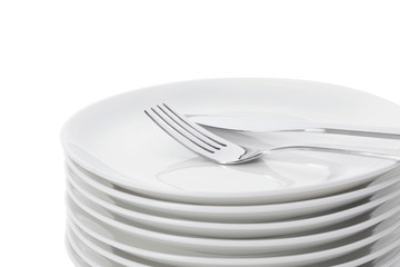 Set of clean tableware on white background, closeup. Washing dishes