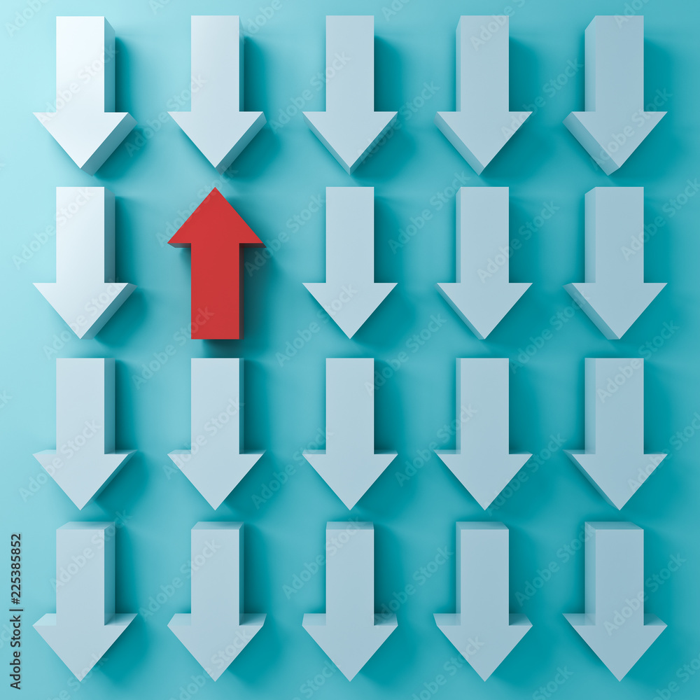 Poster Stand out from the crowd and Think different concepts One red up arrow  among other white down arrows on blue green pastel color background with shadows 3D rendering