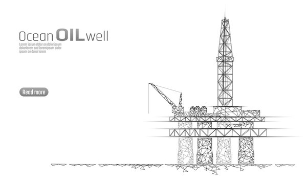 Ocean oil gas drilling rig low poly business concept. Finance economy polygonal petrol production. Petroleum fuel industry offshore extraction derricks line connection dots white vector illustration