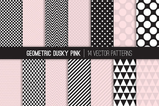 Geometric Vector Patterns in Dusky Pink and Black and White. Chevron, Polka Dots, Stripes, Triangles and Herringbone Prints. Vector Pattern Tile Swatches Included.