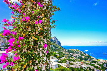 Overlooking the beautiful coastline of the island from city center of Capri in Italy in summer.
