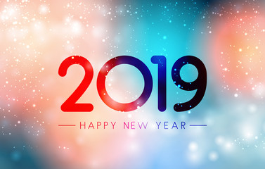 Colorful magic Happy New Year 2019 greeting card.