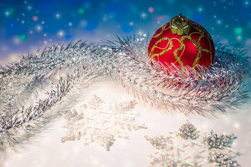Christmas ball, tinsel and snowflakes.Christmas decorations.