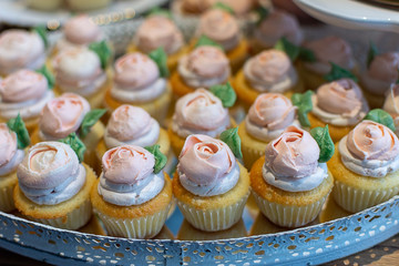Mini vanilla cupcakes with butter cream rosette flower toppers.