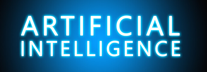 Artificial Intelligence - glowing white text on blue background