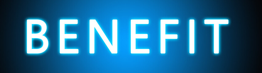Benefit - glowing white text on blue background