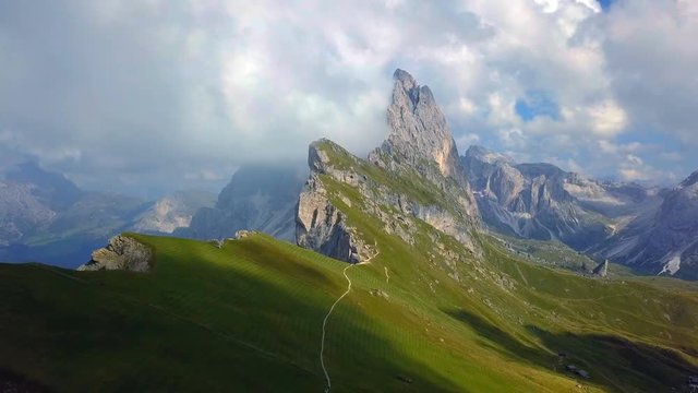 Aerial - Flying above Seceda, famous mountain in Dolomites