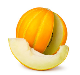 Ripe melon with cut slice close-up on a white. Isolated