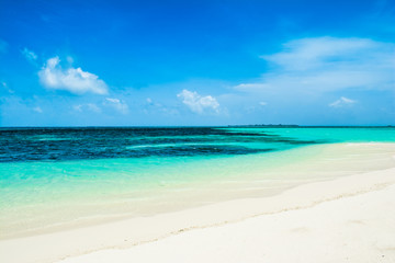 Beautiful landscape of clear turquoise Indian ocean, Maldives islands