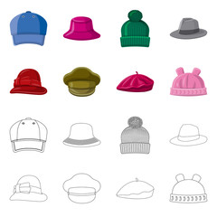 Vector design of headgear and cap sign. Collection of headgear and accessory stock vector illustration.