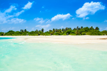 Beautiful sandy beach with sunbeds and umbrellas in Indian ocean, Maldives island