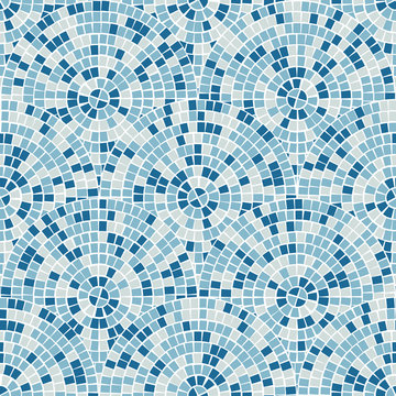 Bright abstract mosaic seamless pattern. Vector background. For design and decorate backdrop. Endless texture. Ceramic tile fragments. Colorful broken tiles trencadis. Blue colors art