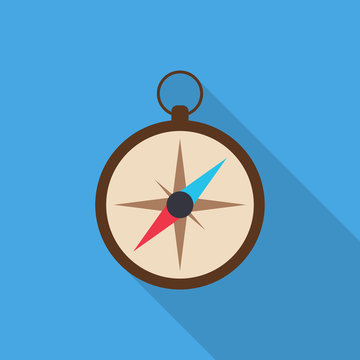 Compass flat icon isolated on blue background. Camping sign symbol in flat style with long shadow. Vector illustration for web and mobile design.