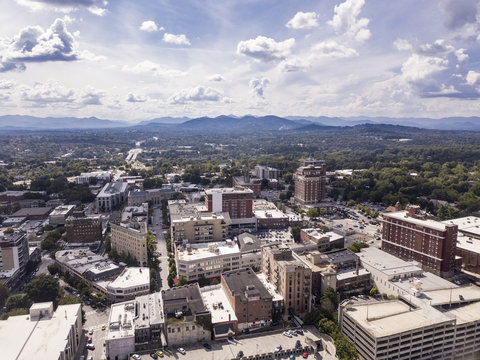 High angle aerial view of downtown Asheville, North Carolina.