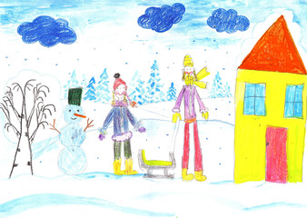 Obraz na płótnie Canvas Children playing, skiing and sledding. Make a snowman. Drawing kid.