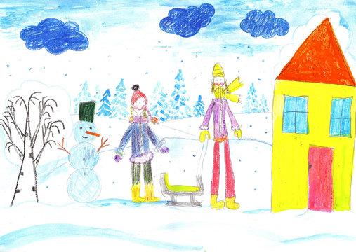 Children playing, skiing and sledding. Make a snowman. Drawing kid.