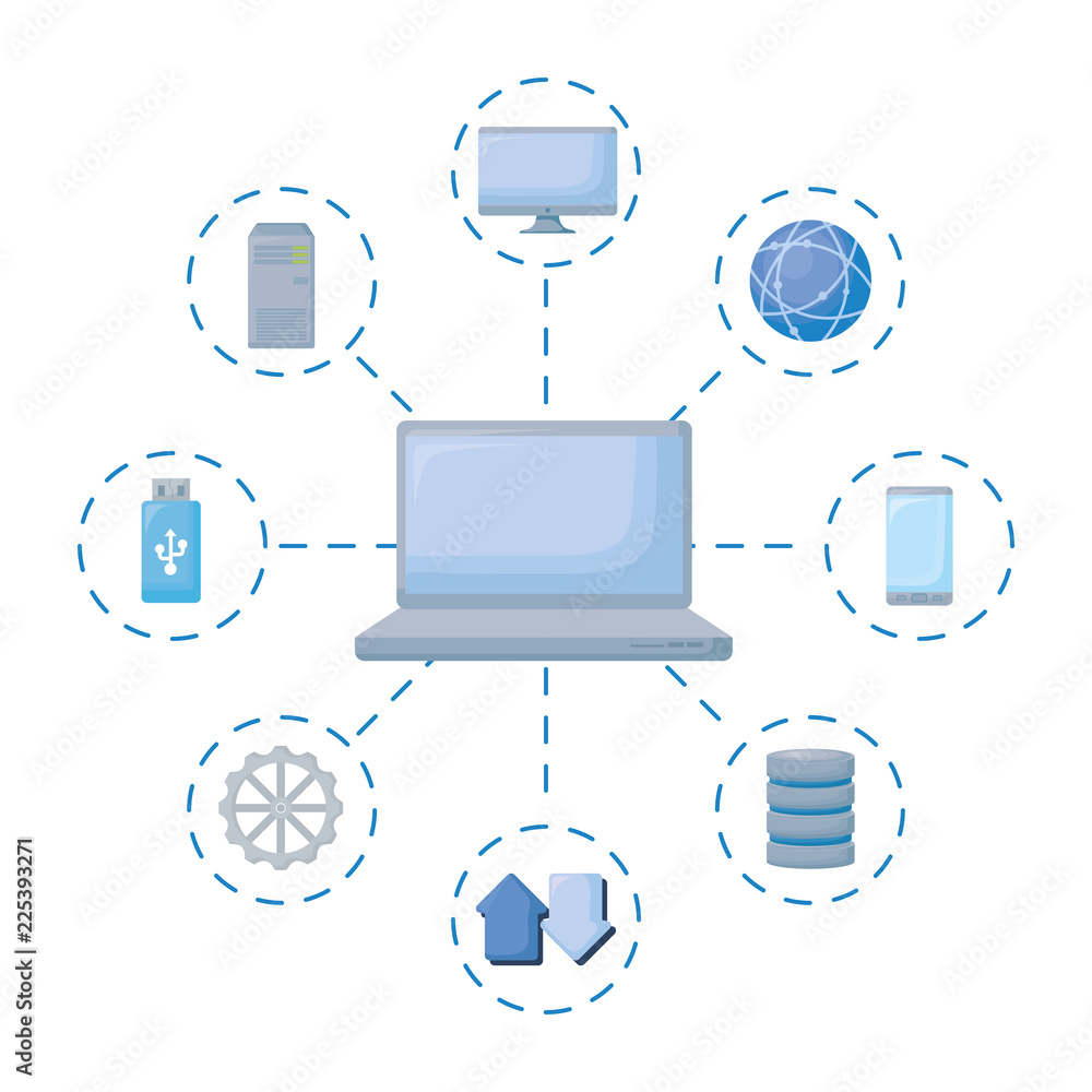 Poster laptop computer with data center icons