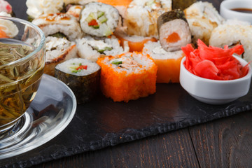 Japanese sushi set with green tea ready to serve