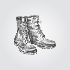 Hand Drawn Boots Sketch Symbol isolated on white background. Vector camping elements art highly detailed In Sketch Style. Sketched Boots vector illustration. - 225393895