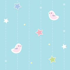 Cute seamless background with colorful dotted stars and pink birds. Children's bedroom, baby nursery decorative wallpaper. Cover or a gift wrap. Vector Illustration.