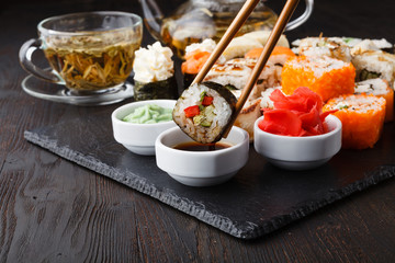 Delicious Peace of Sushi Rolls in Stick. Fresh Food Portion