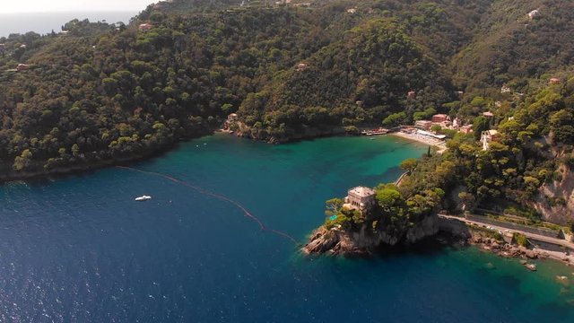 A fly-over shot of the beach in Paraggi (Italian Riviera)