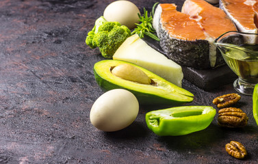 Ketogenic low carbs diet concept. Healthy balanced food with high content of healthy fats.