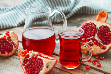Pomegranate juice and pomegranate fruit.