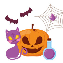 happy halloween pumpkin with cat and potion