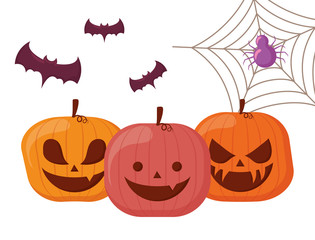 happy halloween pumpkins with bats and spider
