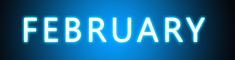 February - glowing white text on blue background