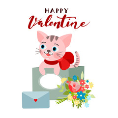 Valentine cat, greeting card, vector illustration