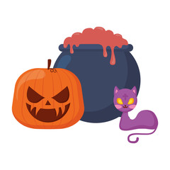 halloween pumpkin with cauldron and cat