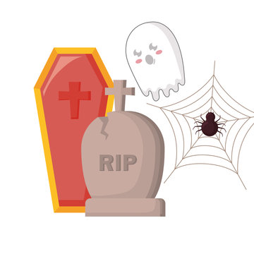 halloween gravestone with coffin and ghost