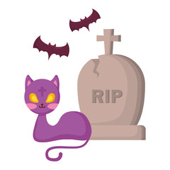 halloween gravestone with cat and bats