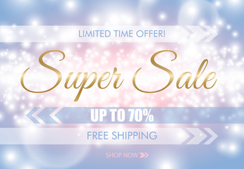 Super sale glow sparkling web banner. Golden text on blue pink luminous background. Free shipping. White up to 70 percent discount. Limited time offer. Firework sparks holiday light poster.