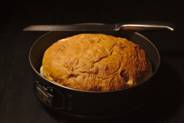 Freshly baked homemade bread in a round baking dish on a dark background