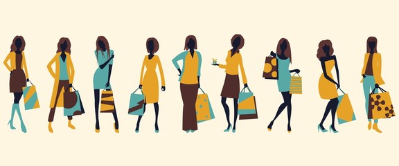 girls, young women standing in various poses with shopping bags in their hands