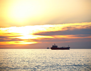 Silhouette of a cargo ship