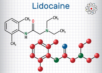 Lidocaine (xylocaine, lignocaine) molecule. It is local anesthetic. Sheet of paper in a cage. Structural chemical formula and molecule model