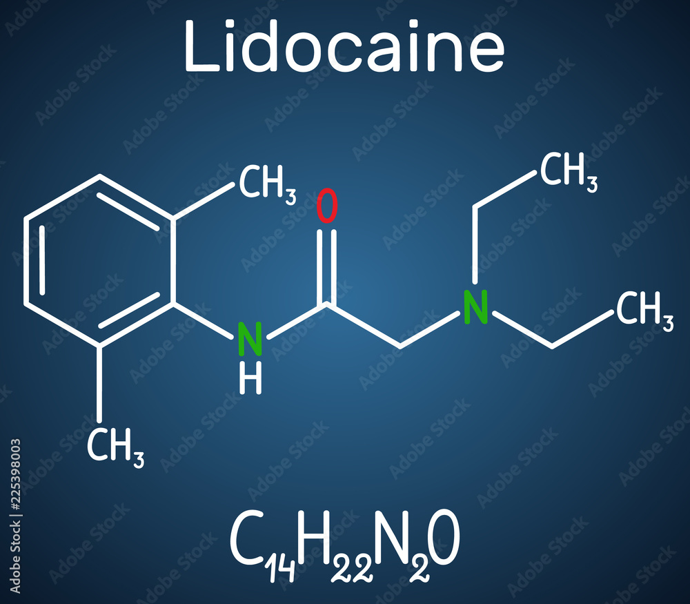 Sticker Lidocaine (xylocaine, lignocaine) molecule. It is local anesthetic. Structural chemical formula on the dark blue background