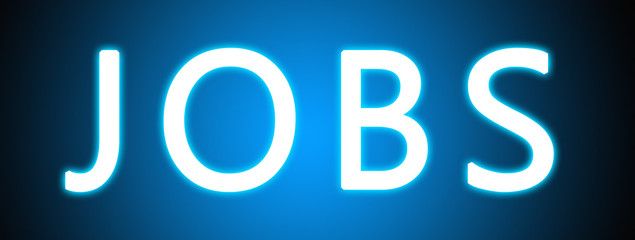 Jobs - glowing white text on blue background