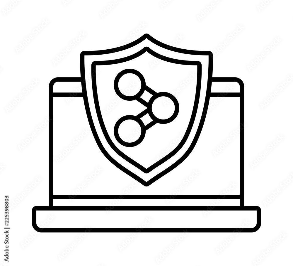 Poster laptop computer with shield and share symbol